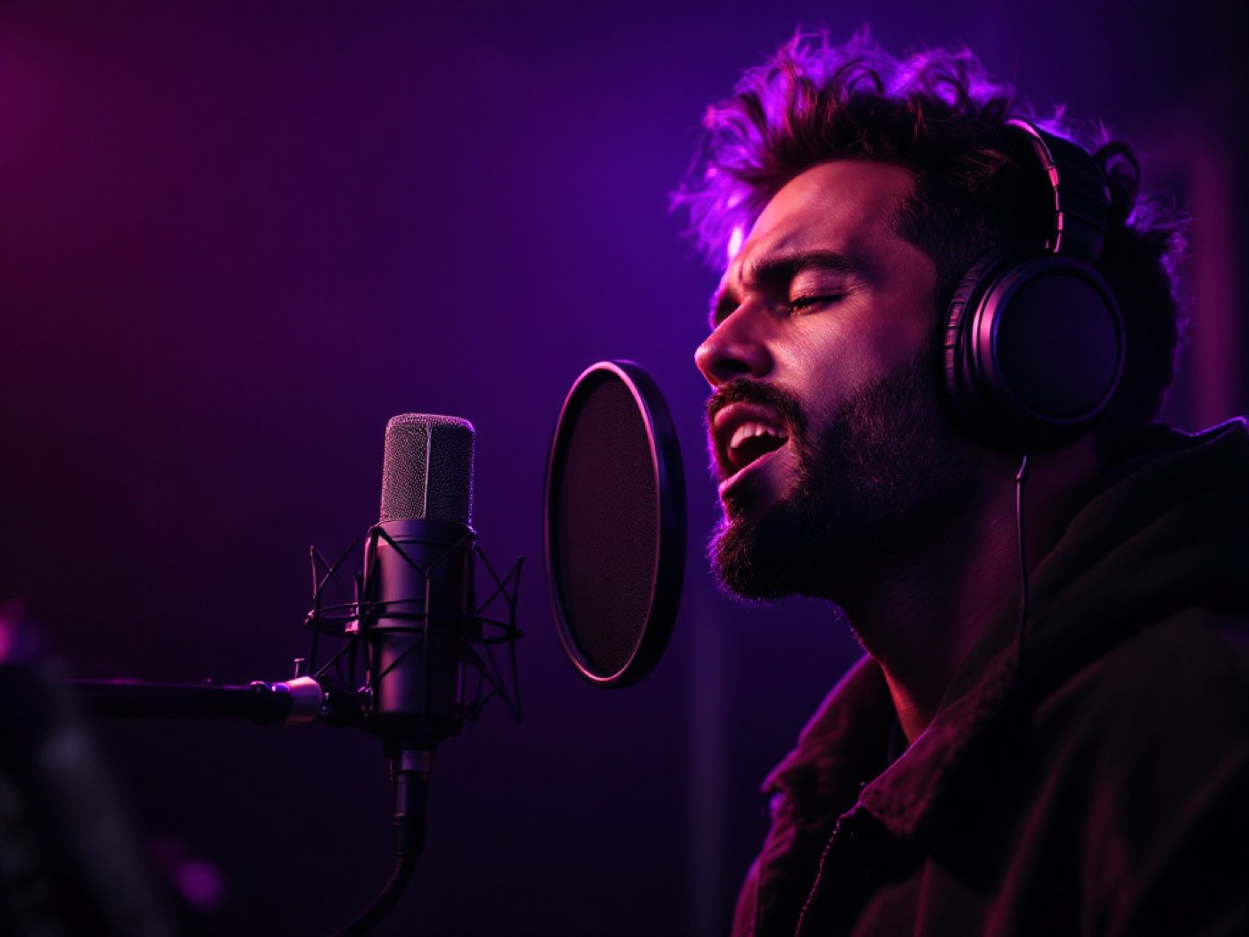 Artista cantando en un estudio de grabación