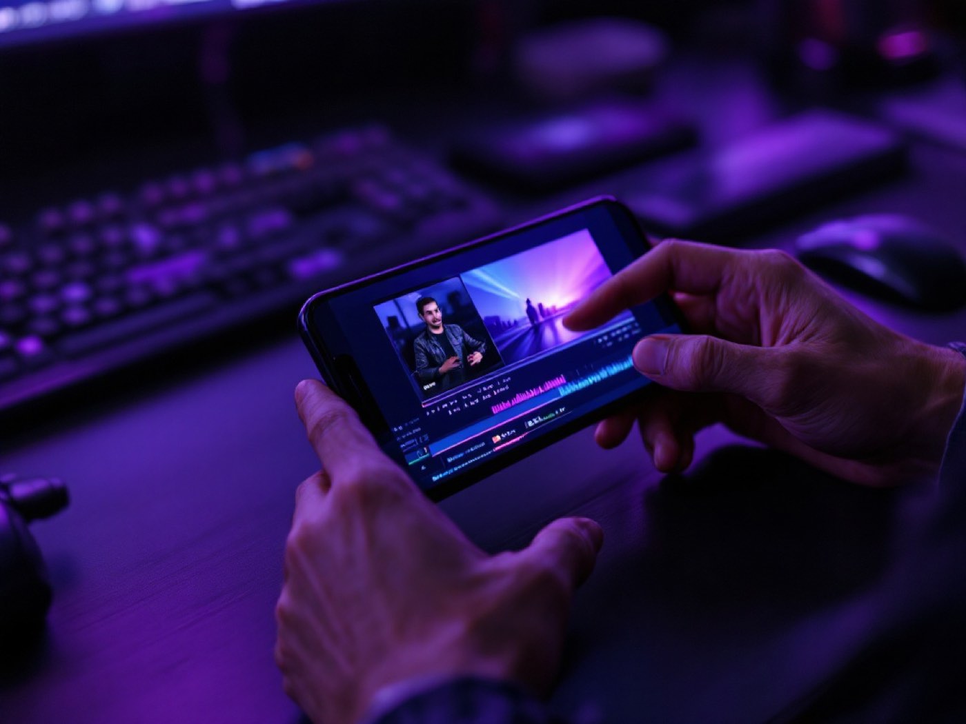 Manos editando un vídeo vertical en el móvil